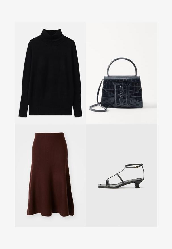 Črni turtleneck pulover iz mehke tkanine, z rebrastimi detajli ob ovratniku in manšetah, sproščenim krojem in stranskimi razporki.; Rjava merino volna krilo, A-linijska oblika, gladka tekstura, dolžina do kolen z razširjenim robom, minimalni šivi, primerno za priložnostno nošenje.; Črne usnjene sandale s kvadratnim prstom, tankimi trakovi, nastavljivim trakom okoli gležnja in nizko peto. Imajo majhen zlat akcent na traku.; Črna ročno vsebovana torbica iz usnja z reliéfom krokodila, z oblikovanim dizajnom, zgornjo ročajem, prilagodljivo zanko in izstopajočim logotipom spredaj.