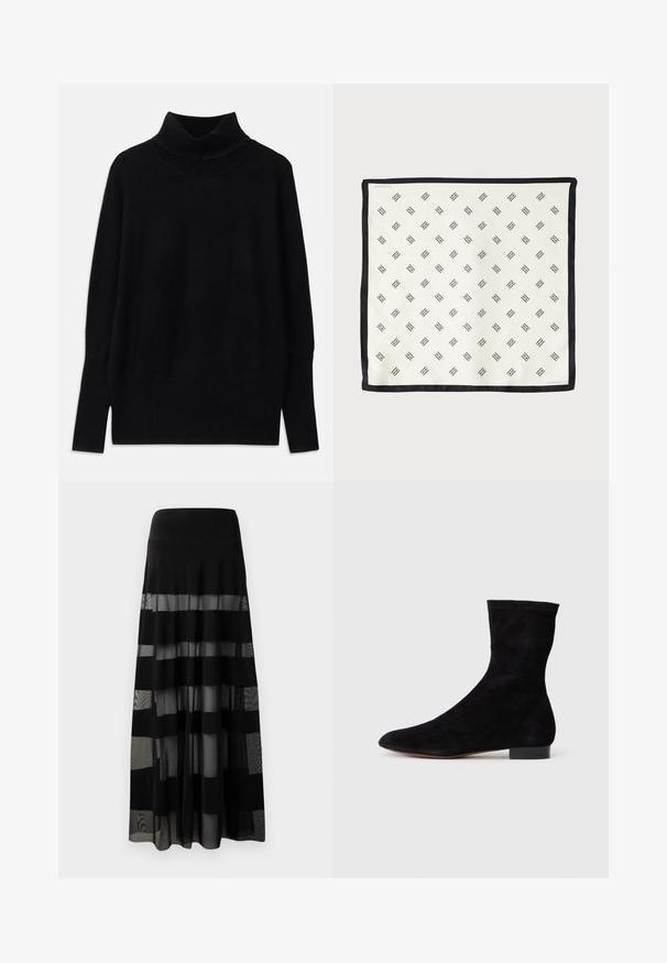 Zwarte coltrui gemaakt van zachte stof, met geribbelde accenten bij de kraag en manchetten, met een losse pasvorm en zijsplitten.; Zwarte maxi-rok met een aansluitende tailleband, voorzien van transparante panelen en ondoorzichtige strepen. Lichtgewicht stof met een gladde textuur.; Zwarte suède enkelboot met een aansluitende schacht, puntige neus en een lage blokhak. Gladde textuur en minimalistisch ontwerp, geschikt voor veelzijdige styling.; Witte zijden sjaal met een herhalend zwart geometrisch patroon, omzoomd met een effen zwarte rand. Lichtgewicht met een gladde textuur.