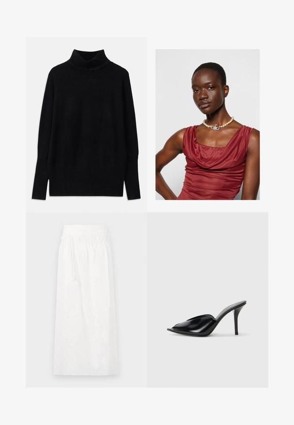 Pulôver de gola alta preto feito de tecido macio, com detalhes em canelado na gola e punhos, com um corte relaxado e fendas laterais.; Saia maxi branca com cintura elástica, bordados florais discretos e um design fluido. Feita de tecido leve.; Mules de salto alto em couro preto, com ponta aberta, design pontudo, textura suave e um salto fino tipo stiletto.; Vestido de gola drapeada, de um vermelho profundo, com uma textura suave. Apresenta um colar de pérolas com um detalhe prateado decorativo ao centro.