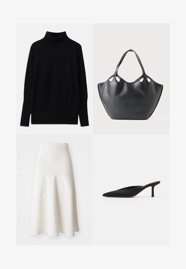Zwarte coltrui gemaakt van zachte stof, met geribbelde accenten bij de kraag en manchetten, met een losse pasvorm en zijsplitten.; Een witte A-lijn rok van een gladde stof, met een getailleerde taille en een uitlopende silhouette die zachtjes tot halverwege de kuit valt.; Zwarte muiltje met spitse neus en een strak ontwerp, gemaakt van gladde stof, met een slanke hak en open achterkant voor gemakkelijk aan- en uittrekken.; Zwarte leren tote bag met een gestructureerd oppervlak, kenmerkend door gebogen zijkanten en uitsparingen voor handvatten. Ruimtelijk ontwerp met een gladde binnenkant.