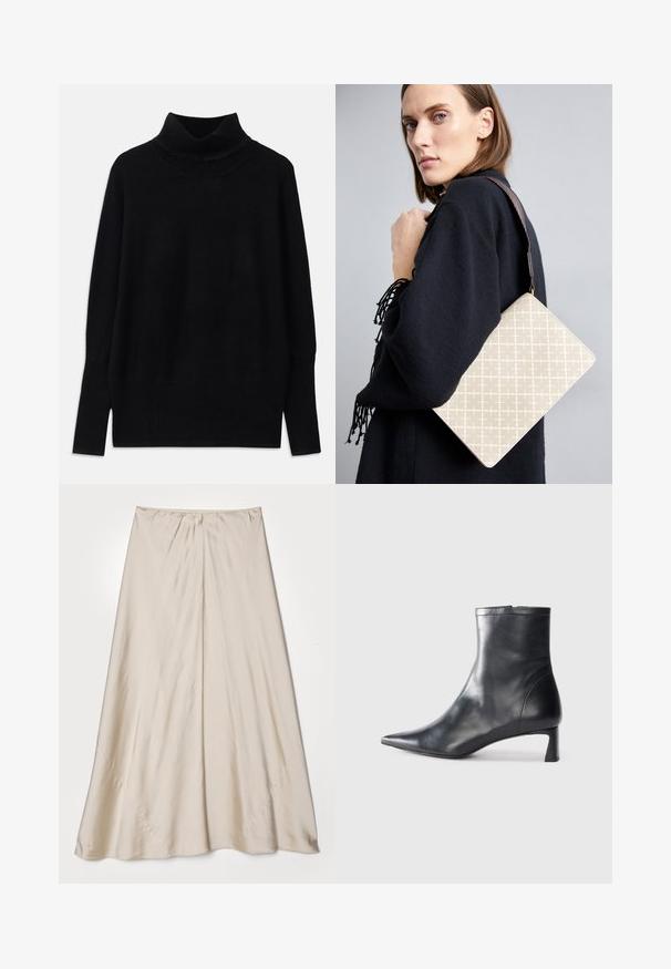 Schwarzer Rollkragenpullover aus weichem Stoff, mit gerippten Akzenten am Kragen und an den Bündchen, in lockerer Passform und mit seitlichen Schlitzen.; Beige, Satinrock mit ausgestellter Silhouette. Verfügt über einen gerafften Taillenbund und einen subtilen Glanz, mit schrägen Nähten und einem fließenden Fall.; Schwarze Lederstiefelette mit spitzer Zehe und schlankem Design. Verfügt über einen niedrigen Absatz und einen Reißverschluss hinten. Glatte Textur.; Beige gemusterte Schultertasche mit einer strukturierten Form, ausgestattet mit einem braunen strukturierten Tragegurt. Auf einem Model vor einem grauen Hintergrund getragen.
