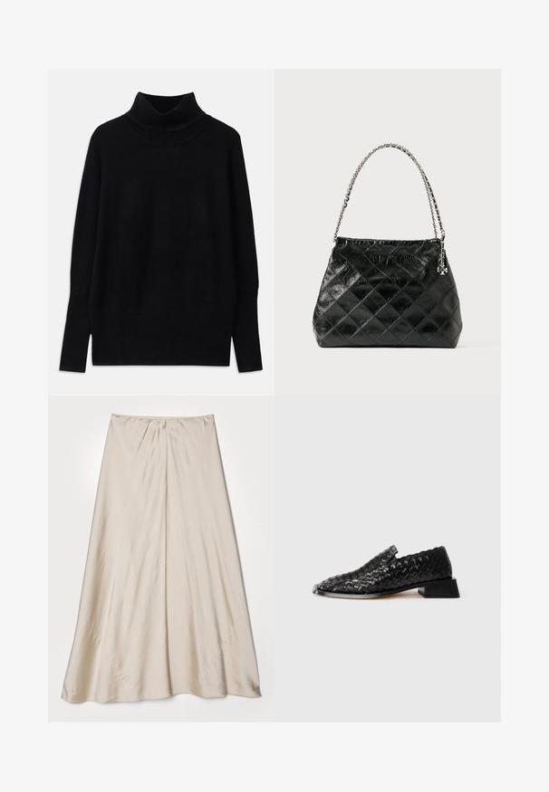 Sort turtleneck sweater lavet af blødt stof, med ribbede detaljer ved kraven og manchetterne, i en afslappet pasform og med sideslids.; Beige satin nederdel med en udvidet silhuet. Har en rynket talje og en subtil glans, med skrå sømme og en let drapering.; Sort læder vævet slip-on sko med lav blokhæl og scallop detaljer, præsenteret på en hvid baggrund.; Sort quiltet læderhåndtaske med et sølvfarvet kædehåndtag, der har et struktureret design og en glat tekstur.