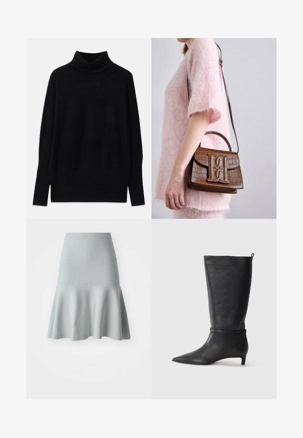 Musta poolapuanne, valmistettu pehmeästä kankaasta, jossa on ribbiä kauluksessa ja hihansuissa. Vapaa istuvuus ja sivureiät.; Vaaleansininen liehuva hame, joka on valmistettu teksturoidusta kankaasta. Täydet vyötäröosa ja pehmeä, aaltoileva helma. Yksinkertainen muotoilu ilman kuvioita.; Musta nahkainen polvipitkä saapas, jossa on terävä kärki, korostettuna ympyrämuotoisella nauhalla nilkassa ja matala, kapea korko. Sileä pinta.; Ruskea krokotiili-illalla kuvioitu käsilaukku, jossa on päällikahva ja olkahihna. Etu-läpän päällä on näkyvä logo. Pehmeä tekstuuri.