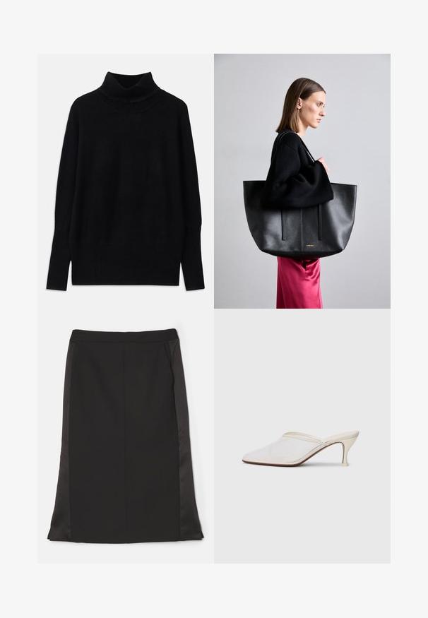 Pulover negru cu guler înalt, realizat dintr-un material moale, având accente cu nervuri la guler și la mansete, cu o croială relaxată și slituri laterale.; Fustă neagră tip creion, cu un finisaj de țesătură netedă, având buzunare laterale și un panou lateral din satin ușor mat pentru contrast.; Mule alb cu plasă, cu vârf ascuțit, toc subțire de înălțime medie și design slip-on, pe un fundal simplu.; Geantă tote din piele neagră cu un finisaj texturat, având două linii verticale, bretele duble pentru umăr și un design minimalist.