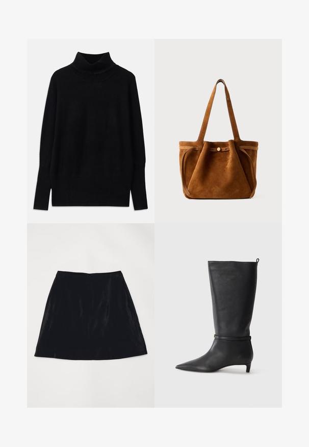 Black turtleneck sweater made of soft fabric, featuring ribbed accents at the collar and cuffs, with a relaxed fit and side slits.; Black A-line skirt in velvet, featuring a smooth texture and a discreet rear zipper. Simple design with no visible patterns or accents.; Black leather knee-high boot with a pointed toe, accented by a circular strap around the ankle and a low, tapered heel. Smooth texture.; Brown suede tote bag with dual handles, a button closure strap, and a relaxed, slightly slouchy shape.