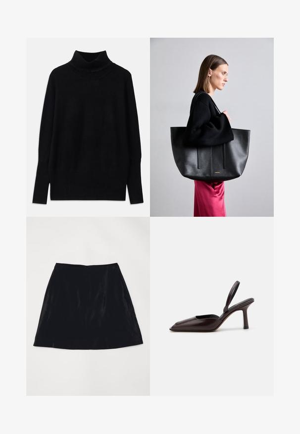 Pull à col roulé noir en tissu doux, avec des accents côtelés au niveau du col et des poignets, coupe décontractée et fentes sur les côtés.; Jupe A-line noire en velours, au toucher lisse et dotée d'une fermeture éclair discrète au dos. Design simple sans motifs ni accents visibles.; Escarpin à talon haut et à bout pointu en cuir verni marron avec une bride arrière. Présente un design élégant et une texture de surface lisse.; Grand sac tote en cuir noir avec une finition texturée, présentant deux lignes verticales, des bretelles doubles et un design minimaliste.