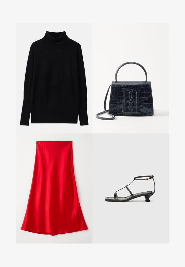 Črni turtleneck pulover iz mehke tkanine, z rebrastimi detajli ob ovratniku in manšetah, sproščenim krojem in stranskimi razporki.; Rdeča satenska krila z gladko teksturo, dolga do tal in s tokastim dizajnom, ki se na robu zoži. Preprosta, enotne barve, brez okraskov.; Črne usnjene sandale s kvadratnim prstom, tankimi trakovi, nastavljivim trakom okoli gležnja in nizko peto. Imajo majhen zlat akcent na traku.; Črna ročno vsebovana torbica iz usnja z reliéfom krokodila, z oblikovanim dizajnom, zgornjo ročajem, prilagodljivo zanko in izstopajočim logotipom spredaj.