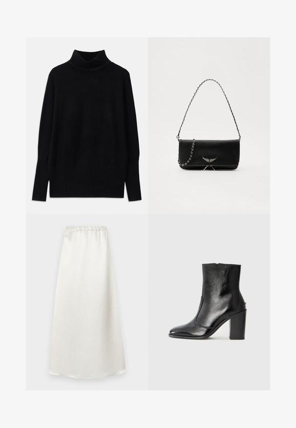 Čierny rolák vyrobený z mäkkej tkaniny, s rebrovanými akcentmi na golieri a manžetách, s voľným strihom a bočnými rozparky.; Biela sukňa po členky vyrobená z hladkej, ľahkej tkaniny s nariadeným pásom a jemným textúrovaným povrchom.; Čierna kožená kotníková obuv s hladkým povrchom, špicatou špičkou a masívnym vysokým podpätkom. Zdobená bočným otvorom a minimalistickým dizajnom.; Čierna kožená kabelka so strieborným reťazovým popruhom, so zdobnými krídelnými akcentmi a bielym prešívaním pozdĺž dolného švu.