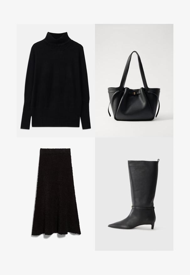 Crni pulover s visokim ovratnikom izrađen od mekog materijala, s rebrastim detaljima na ovratniku i manžetama, s opuštenim krojem i bočnim prorezima.; Crna, pahuljasta tkanina suknje u A-liniji s neurednim rubom. Tekstura izgleda mekano i udobno, pogodna za ležerno nošenje ili slojevito kombiniranje.; Crne kožne čizme visine do koljena s izduženim prstima, ukrašene okruglom trakom oko gležnja i niskom, suženom petom. Glatka tekstura.; Crna kožna torba za nošenje s dva dugačka remena, skupljenim vrhom i zlatnim okruglim detaljem. Glatka tekstura s minimalističkim dizajnom.