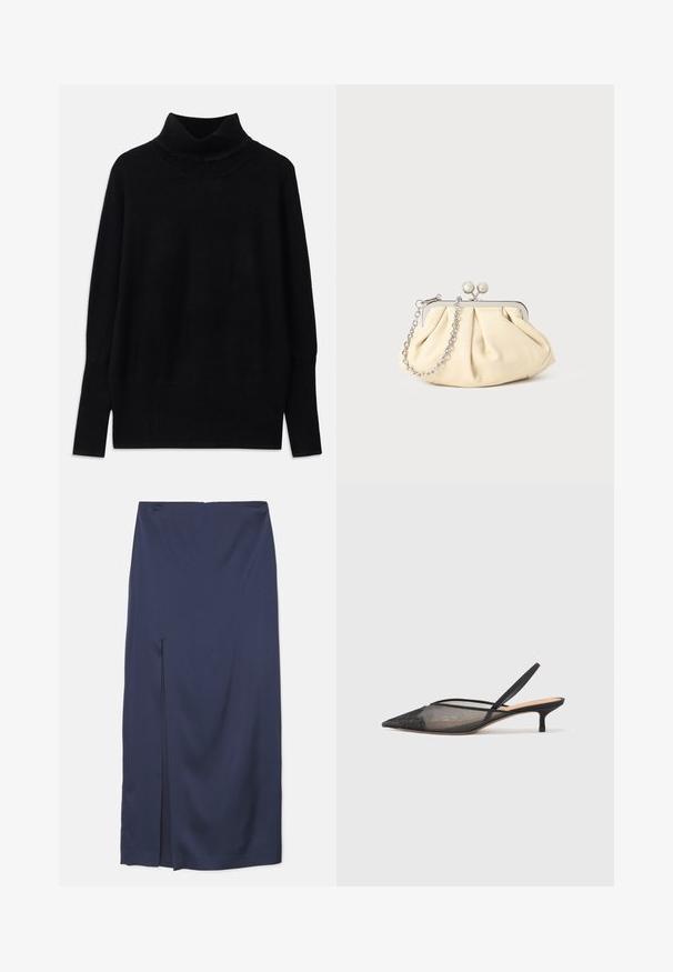 Svart polotröja i mjukt tyg, med ribbade detaljer vid kragen och ärmarna, i en avslappnad passform och med sidofickor.; Mörkblå midi kjol i mjukt tyg med en frontslits, med en åtsittande midja och draperad design för lätt rörelse.; NEOUS IRENA - Pumps - black; Plisserad beige läderclutch med en silvermetallram, som har två runda dekorativa lås och en silverkedjestrap.