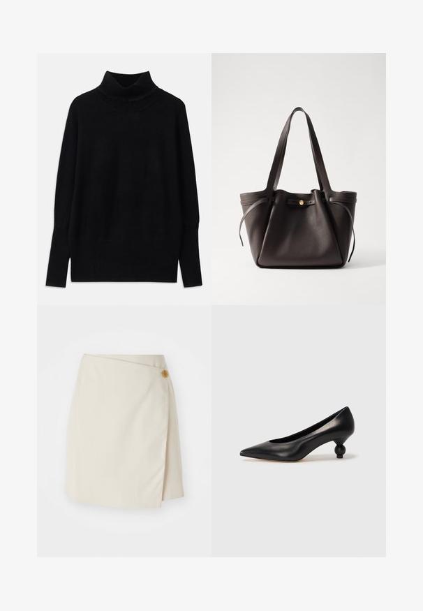 Pull à col roulé noir en tissu doux, avec des accents côtelés au niveau du col et des poignets, coupe décontractée et fentes sur les côtés.; Jupe enveloppante beige avec une fermeture à bouton sur le côté, tissu uni, lignes épurées et texture lisse, conçue pour une silhouette ajustée.; Chaussure à talon haut en cuir noir avec un bout pointu et un talon arrondi. Texture lisse avec un design épuré et minimal.; Sac en cuir brun foncé avec deux poignées solides, un haut resserré et une fermeture à bouton doré. Surface texturée avec des accents minimaux.