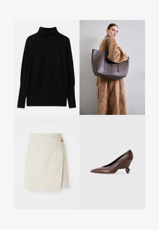 Černý rolák vyrobený z měkké látky, s ribkovanými detaily na límci a manžetách, uvolněný střih a postranní rozparky.; Bežová zavinovací sukně se bočním zapínáním na knoflík, jednobarevná tkanina, čisté linie a hladký povrch, navržená pro přiléhavý siluetu.; Hnědé kožené klínové lodičky s špičatou špičkou a zaobleným, kulatým podpatkem. Hladký povrch s jednoduchým designem a minimem akcentů.; Velká, texturovaná tmavě hnědá taška s dvěma dlouhými popruhy. Taška má minimalistický design a zdvojované švy pro dodatečné detaily.