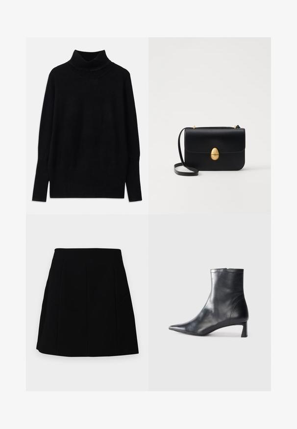 Schwarzer Rollkragenpullover aus weichem Stoff, mit gerippten Akzenten am Kragen und an den Bündchen, in lockerer Passform und mit seitlichen Schlitzen.; Schwarzer Minirock mit strukturierter Silhouette, ausgestattet mit Vordernähten und Seitentaschen, aus einem glatten, leichten Stoff.; Schwarze Lederstiefelette mit spitzer Zehe und schlankem Design. Verfügt über einen niedrigen Absatz und einen Reißverschluss hinten. Glatte Textur.; Schwarze Lederhandtasche mit strukturierter rechteckiger Form. Verfügt über einen goldenen ovalen Verschluss und einen dünnen Schulterriemen. Glatte Textur.