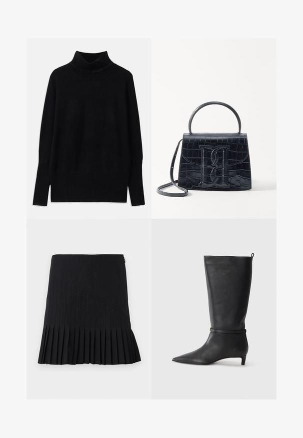 Zwarte coltrui gemaakt van zachte stof, met geribbelde accenten bij de kraag en manchetten, met een losse pasvorm en zijsplitten.; Zwarte geplooide rok met gestikte diagonale panelen, een aansluitende taille en een uitlopende zoom. De materialen lijken lichtgewicht en glad.; Zwarte leren kniehoog laars met een spitse neus, accentueert door een ronde band rond de enkel en een lage, taps toelopende hak. Glad textuur.; Zwarte handtas van krokodillleer met een gestructureerd ontwerp, bovenhandvat, verstelbare schouderband en een opvallend voorlogo.