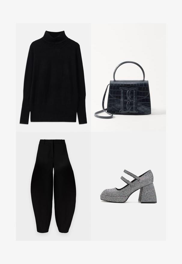 Melnas turtlenecka formas džemperis, izgatavots no mīksta auduma, ar ribotām akcentiem apkaklē un piedurkņu galos, ar brīvu piegriezumu un sānu spraugām.; Melnbra plaša kāju bikses ar augstu jostasvietu, gludu priekšpusi un sašaurinātiem potītes daļām. Izgatavotas no gludas auduma ar matētu apdari.; Pūsto papēža kurpes ar noapaļotu purngalu, pārklātas ar mozaīku no sudrabainiem rhinestones, ar divām plānām siksnām pāri instep.; Melnas krokodila rakstā izgatavota ādas rokassoma ar strukturētu dizainu, augšējo rokturi, regulējamu siksnu un izteiktu priekšējo logotipa detaļu.