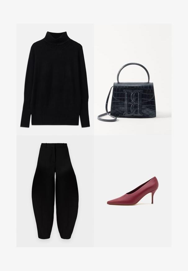 Fekete garbó pulóver puha anyagból, bordás részletekkel a gallérnál és az ujjak végén, laza fazonnal és oldalsó sliccekkel.; Fekete, bő szárú nadrág magas derékkal, pliszírozott elülső résszel és szűkített bokával. Simább anyagból készült, matt felülettel.; Burgundi bőr, magas sarkú cipő hegyes orral és sima felülettel, karcsú sarokkal az elegáns sziluett érdekében.; Fekete krokodilbőr hatású kézitáska, amelynek strukturált kialakítása van, felső fogantyúval, állítható pánttal és egy kiemelkedő elülső logó részlettel.