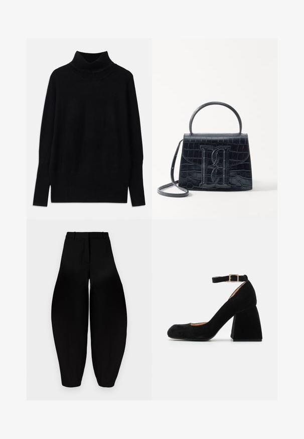 Melnas turtlenecka formas džemperis, izgatavots no mīksta auduma, ar ribotām akcentiem apkaklē un piedurkņu galos, ar brīvu piegriezumu un sānu spraugām.; Melnbra plaša kāju bikses ar augstu jostasvietu, gludu priekšpusi un sašaurinātiem potītes daļām. Izgatavotas no gludas auduma ar matētu apdari.; Melnas zamša zābaku kurpes ar papēdi un potītes siksniņu, kurai ir kvadrātveida metāla sprādze. Apaļš purngals un teksturēta virsma.; Melnas krokodila rakstā izgatavota ādas rokassoma ar strukturētu dizainu, augšējo rokturi, regulējamu siksnu un izteiktu priekšējo logotipa detaļu.