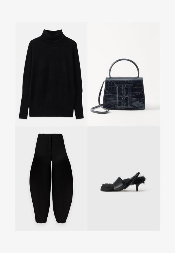 Sort turtleneck sweater lavet af blødt stof, med ribbede detaljer ved kraven og manchetterne, i en afslappet pasform og med sideslids.; Sorte vidde bukser med høj talje, plisseret front og smalnende ankler. Fremstillet af glat stof med mat overflade.; Sort kitten heel sandal med fluffy pels, der dækker indersålen, hælremmen og tåområdet, med en glat læderfrontrem.; Sort krokodillede læderhandbag med en struktureret design, top-håndtag, justerbar rem og et fremtrædende frontlogo.