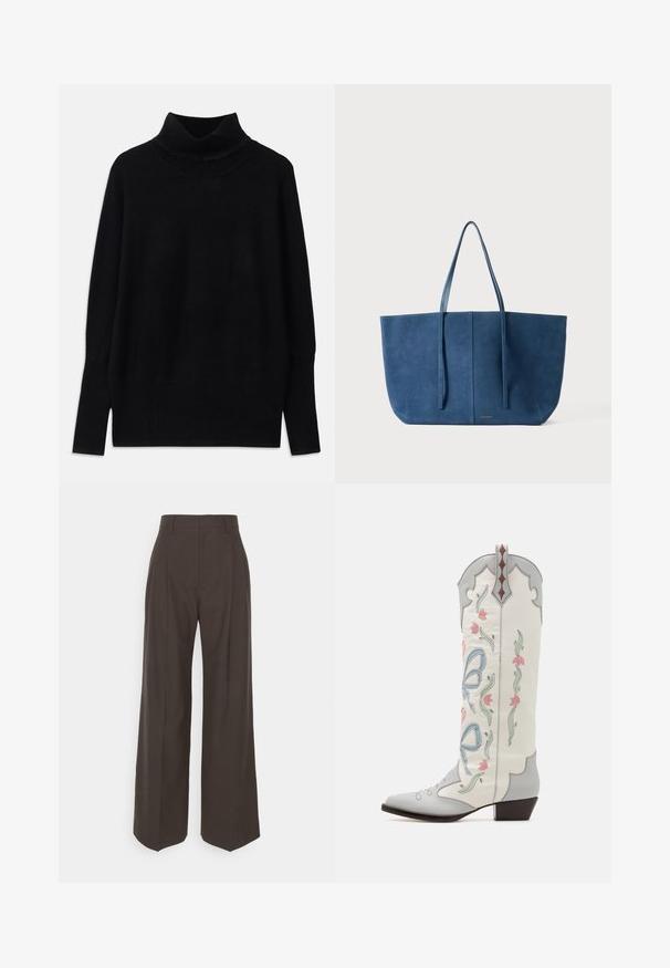 Schwarzer Rollkragenpullover aus weichem Stoff, mit gerippten Akzenten am Kragen und an den Bündchen, in lockerer Passform und mit seitlichen Schlitzen.; Dunkelbraune weite Hose mit hoher Taille, die über sorgfältig gebügelte Falten, eine glatte Textur und eine taillierte Passform verfügt.; Sophia Webster SHELBY - Cowboy-/Bikerboot - winter white/pastel; Blaue Wildleder-Tasche mit zwei langen Griffen, rechteckiger Form, glatter Textur, minimalistisches Design und einem dezenten Logo auf der Vorderseite.