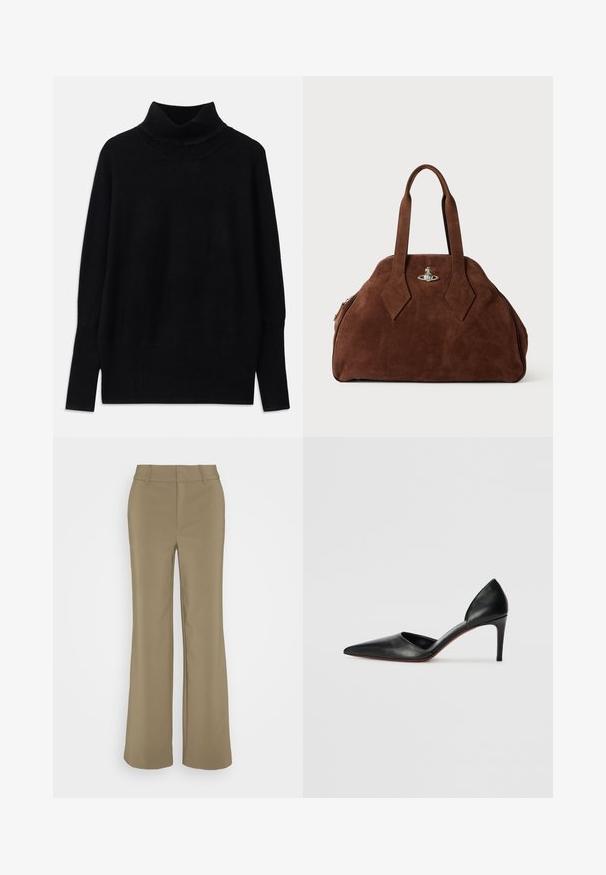 Černý rolák vyrobený z měkké látky, s ribkovanými detaily na límci a manžetách, uvolněný střih a postranní rozparky.; Khaki široké kalhoty vyrobené z hladké látky, s přiléhavým pasem, rovný střih a předním skladem.; Černé kožené lodičky na vysokém podpatku s špičatou špičkou, otevřenými stranami a elegantním tvarem. Disponují tenkým podpatkem a akcentem červené podrážky.; Hnědá semišová kabelka se strukturovaným tvarem, zaobleným tělem a prodlouženými úchyty ve tvaru diamantu. Obsahuje stříbrné kování na zavírání.