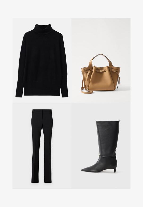 Crni pulover s visokim ovratnikom izrađen od mekog materijala, s rebrastim detaljima na ovratniku i manžetama, s opuštenim krojem i bočnim prorezima.; Crne hlače s krojem koji se prilagođava tijelu, ravnih nogavica i glatke teksture. Imaju standardni pojas i pregib uzduž prednje strane.; Crne kožne čizme visine do koljena s izduženim prstima, ukrašene okruglom trakom oko gležnja i niskom, suženom petom. Glatka tekstura.; Tory Burch ROMY PEBBLED SATCHEL - Ručna torba - tiramisu