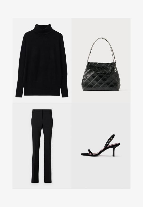 Black turtleneck sweater made of soft fabric, featuring ribbed accents at the collar and cuffs, with a relaxed fit and side slits.; Black trousers with a tailored fit, straight legs, and a smooth texture. Features a standard waistband and a pressed crease down the front.; Black suede women's high-heeled sandal with slim straps and a gold buckle on a white background, side view.; Black quilted leather handbag with a silver chain handle, featuring a structured design and smooth texture.