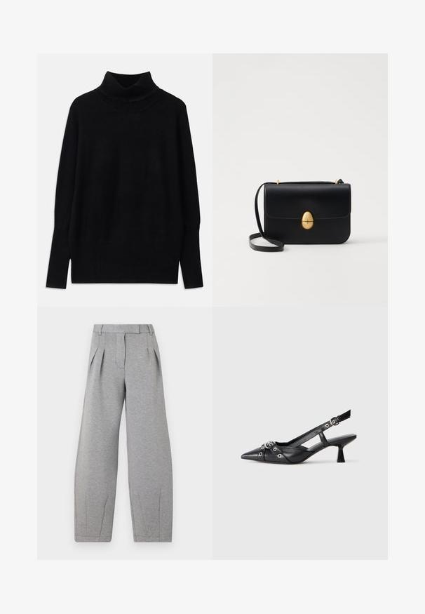 Pull à col roulé noir en tissu doux, avec des accents côtelés au niveau du col et des poignets, coupe décontractée et fentes sur les côtés.; Pantalons gris à jambes larges en tissu doux, avec des plis à l'avant, une taille plate et des coutures droites le long des jambes.; Chaussure slingback en cuir noir avec un bout pointu, des sangles décoratives avec œillets en métal et un petit talon carré. Surface texturée.; Sac à main en cuir noir avec une forme rectangulaire structurée. Équipé d'un fermoir ovale doré et d'une fine bandoulière. Texture lisse.
