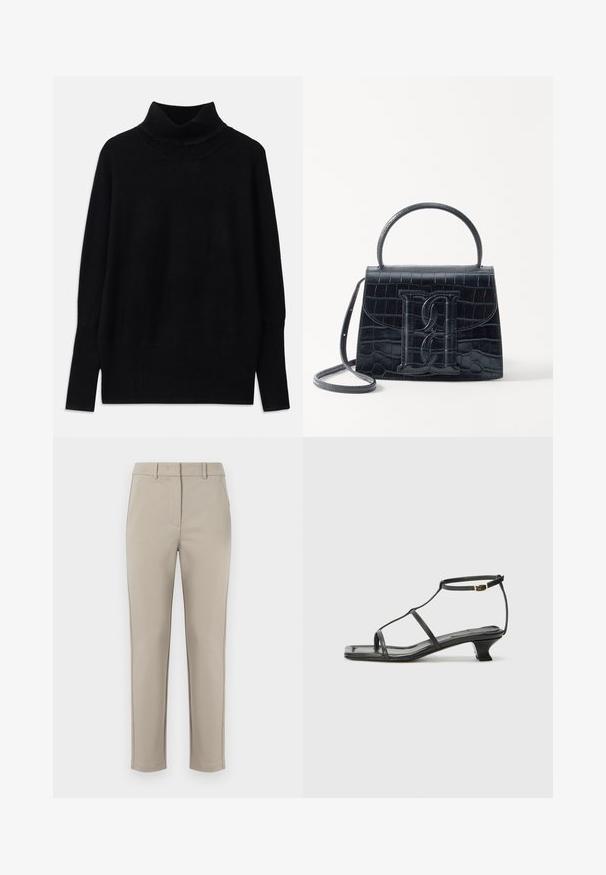 Črni turtleneck pulover iz mehke tkanine, z rebrastimi detajli ob ovratniku in manšetah, sproščenim krojem in stranskimi razporki.; MM EFFETTO - Hlače - sand; Črne usnjene sandale s kvadratnim prstom, tankimi trakovi, nastavljivim trakom okoli gležnja in nizko peto. Imajo majhen zlat akcent na traku.; Črna ročno vsebovana torbica iz usnja z reliéfom krokodila, z oblikovanim dizajnom, zgornjo ročajem, prilagodljivo zanko in izstopajočim logotipom spredaj.