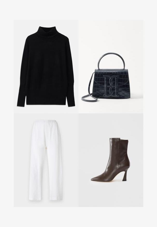 Black turtleneck sweater made of soft fabric, featuring ribbed accents at the collar and cuffs, with a relaxed fit and side slits.; White, loose-fitting pants with an elastic waistband, made of textured fabric. Straight leg design with simple hemmed cuffs.; Dark brown leather mid-calf boot with pointed toe, curved slim heel, and smooth finish on a white background.; Black crocodile-embossed leather handbag with a structured design, top handle, adjustable strap, and a prominent front logo detail.