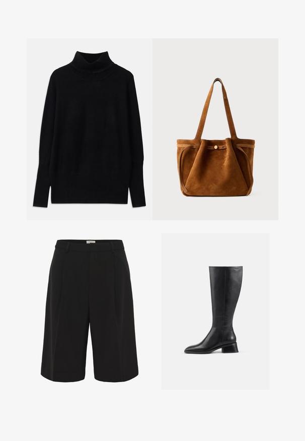 Sort turtleneck sweater lavet af blødt stof, med ribbede detaljer ved kraven og manchetterne, i en afslappet pasform og med sideslids.; Part Two KAIRAPW - Shorts - black; Støvle i sort læder, der går til knæene, med rund tå og lav blokhæl. Har en glat tekstur og minimal syning.; Brun suede tote taske med dobbelthåndtag, en lukning med knap og en afslappet, let slaskete form.