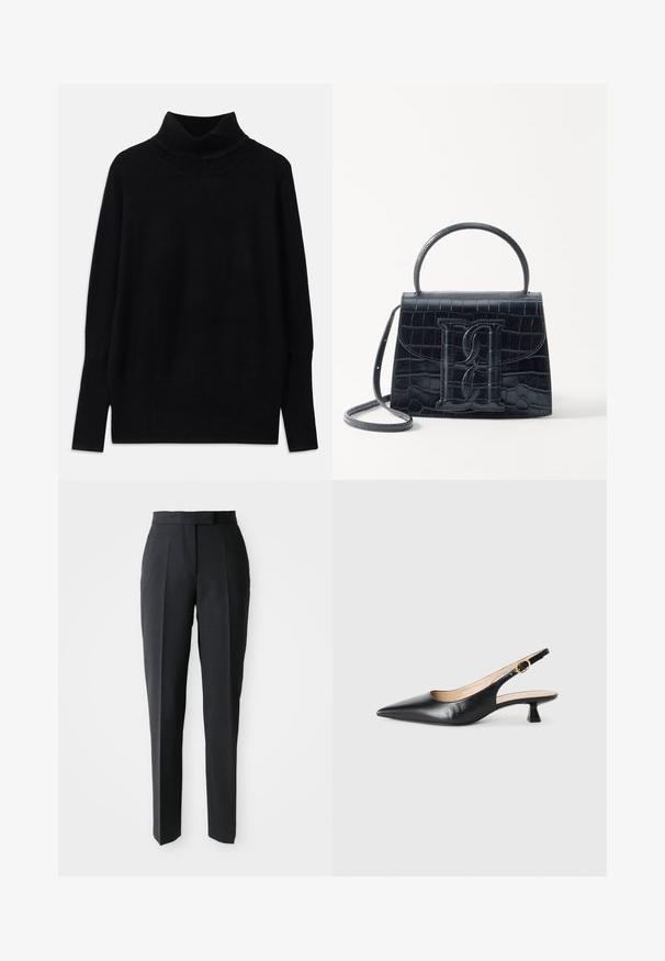 Musta poolapuanne, valmistettu pehmeästä kankaasta, jossa on ribbiä kauluksessa ja hihansuissa. Vapaa istuvuus ja sivureiät.; Musta räätälöity suora lahjehousut korkealla vyötäröllä ja etuonteloilla, esillä yksinkertaisella vaalealla taustalla.; Mustekalla mokkanahkalenkkari, jossa on terävä kärki ja kultasolki sivuhihnassa, valkoisella taustalla.; Musta krokotiilivoimalla painettu nahkakäsilaukku, jossa on jämäkkä muotoilu, yläkahva, säädettävä hihna ja erottuva etuosan logoyksityiskohta.