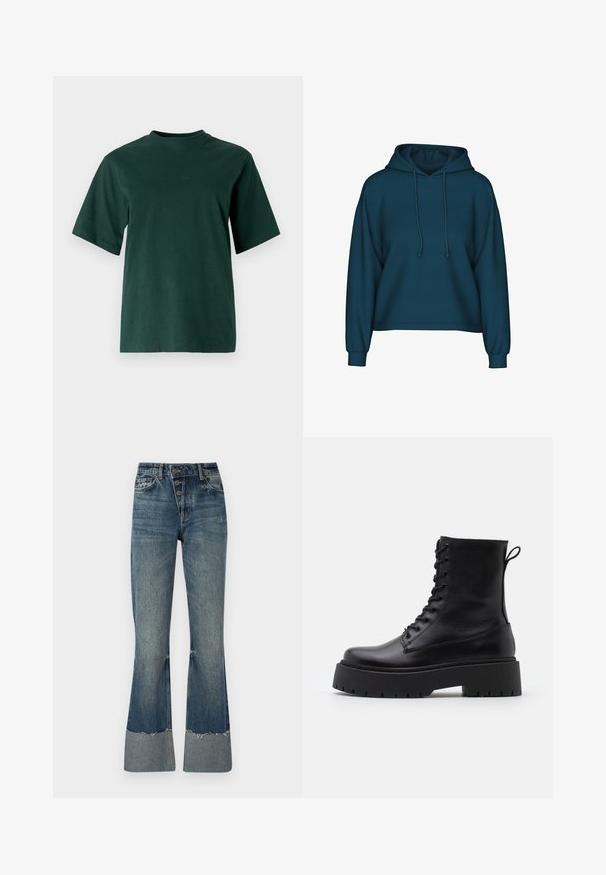 Hanorac teal cu glugă ajustabilă, mâneci lungi și manșete ribbate. Fabricat dintr-un material moale, cu o croială lejeră.; Selected Femme SLFLISA HANKIE O NECK TEE - Tricou basic - scarab; Jeans din denim evazati de culoare albastru mediu, cu talie înaltă, cinci butoane și tiv destrămat. Dispune de un tiv mai deschis la baza și o textură estompată.; Botine din piele neagră, până la gleznă, cu vârful rotund, șireturi în față și o talpă groasă din cauciuc cu un model texturat. Fâșie de tragere la spate.