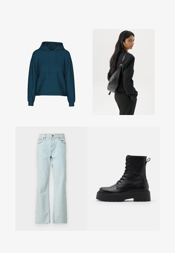 Sweatshirt azul-esverdeado com capuz ajustável, mangas compridas e punhos canelados. Feito de tecido macio com um corte relaxado.; Calças de ganga de corte à boca de sino em azul claro, com fecho de botão, design de cinco bolsos e desvanecimento subtil no tecido. Costuras limpas e minimalistas.; Botas de couro pretas até ao tornozelo, com bico redondo, atacador na frente e uma sola de borracha espessa com um padrão texturizado. Alça na parte de trás.; Mulher com cabelo longo e escuro, vestindo um fato preto, carregando uma mala de ombro em pele preta, olhando por cima do ombro contra um fundo branco.