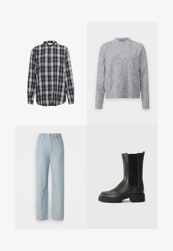 Grauer Pullover aus weichem Strickmaterial, mit Rundhalsausschnitt und langen Ärmeln, die Rippenabschlüsse und Saum haben. Keine Muster oder Akzente.; Hemd mit Knöpfen im navy- und weißen Karo-Muster, lange Ärmel, aus Flanellmaterial, mit Stehkragen und schwarzen Knöpfen.; Helle blaue gerade geschnittene Jeans aus Denim. Verfügt über fünf Taschen, einen Metallknopfverschluss und dezente Waschungen für zusätzliche Textur.; Grüne Leder-Stiefelette mit elastischen seitlichen Einsätzen, runder Zehenpartie und Gummisohle. Hat eine strukturierte Oberfläche und einen Blockabsatz.
