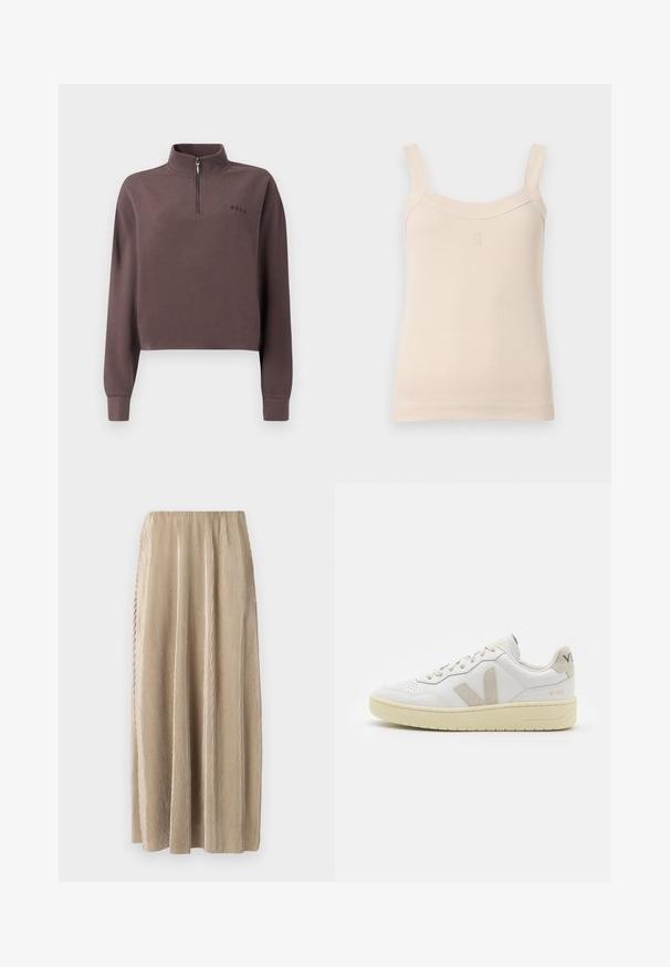 Izgriezts, garām piedurknēm, tumši purpura ribota auduma džemperis ar ceturtdaļas rāvējslēdzēju un mazu zīmola logo uz krūtīm. Mīksta tekstūra.; Beige ribota veste ar plānām siksnām un noapaļotu kakla izgriezumu. Priekšpusē ir izšūts logs. Gluda tekstūra, pieguļošs dizains.; Kreptais beidžs midi svārki ar elastīgu jostasvietu, ar vertikālām svītrām un plūstošu siluetu brīvai kustībai.; Baltas ādas sporta apavu pāris ar bēšiem zamša akcentiem, caurumiņu purngalā, plakanu šņorēšanu un teksturētu krēmkrāsas zoli. Iezīmējas ar diskrētu zīmolu uz papēža.