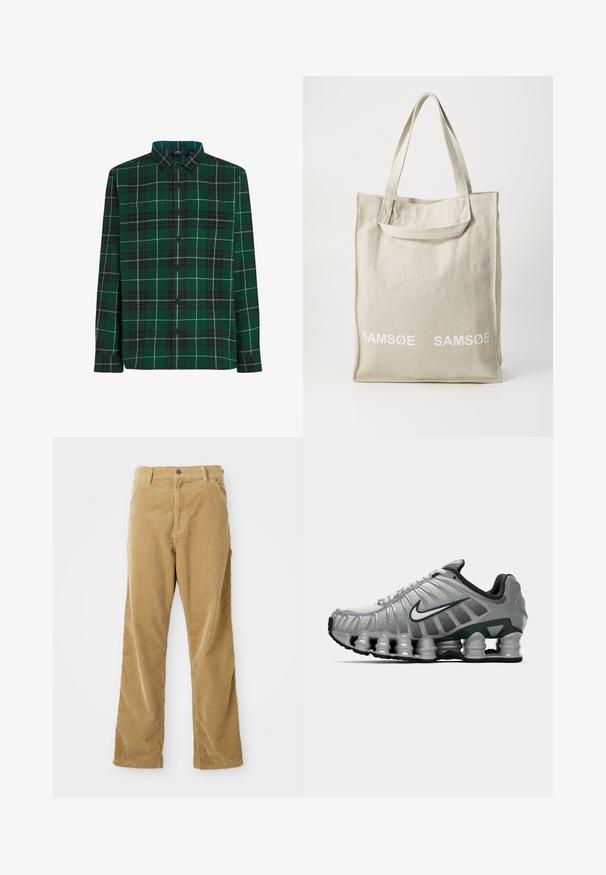 Grauer Kapuzenpullover mit lockerer Passform. Verfügt über eine verstellbare Kapuze, gerippte Bündchen und ein blaues gesticktes Logo auf der Vorderseite.; Grünes karriertes Hemd mit Knöpfen, das ein schachbrettartiges Muster, Fronttaschen und einen Kragen aufweist. Hergestellt aus einem Stoff mit weicher Textur.; Beige Cordhosen mit frontalen Taschen, Gürtelschlaufen, Knopfverschluss und geradem Bein, flach auf einem weißen Hintergrund ausgelegt.; Grauer und schwarzer Nike-Laufschuh mit sichtbarer federähnlicher Dämpfung unter der Sohle und einem weißen Swoosh-Logo an der Seite.; Leichte, beigefarbene Canvas-Tasche mit doppelten Griffen, die auf der Vorderseite das in Weiß gedruckte "SAMSOE"-Logo trägt. Rechteckige Form mit simplem Design.