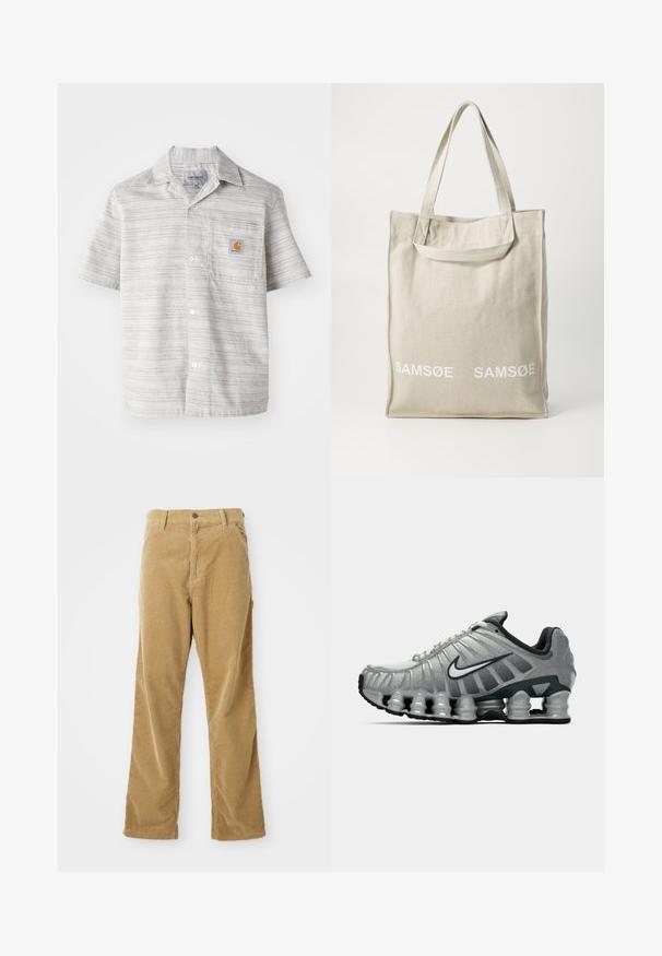 Grijze hoodie met een ontspannende pasvorm. Bevat een verstelbare capuchon, geribde manchetten en een geborduurd logo in het blauw aan de voorkant.; Korte mouwen overhemd in lichtgrijs met verticale strepen, knoopsluiting aan de voorkant en een borstzak met een klein oranje logo. Katoenmix stof.; Tan corduroy broeken met voorkruiden, riemlussen, knoopsluiting en rechte pijpen, plat gelegd op een witte achtergrond.; Grijze en zwarte Nike hardloopschoen met zichtbare veerachtige demping onder de zool en een wit swoosh-logo aan de zijkant.; Canvas tote bag in lichtbeige met dubbele handvatten, voorzien van het "SAMSOE" logo in het wit gedrukt op de voorkant. Rechthoekige vorm met een eenvoudig ontwerp.