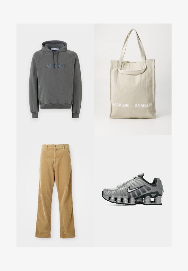 Felpa grigia con cappuccio e vestibilità comoda. Presenta un cappuccio con cordino, polsini a coste e un logo ricamato in blu sulla parte anteriore.; Maglietta a maniche lunghe bianca con scollo rotondo e etichetta verde sul collo, adagiata su uno sfondo bianco.; Pantaloni in corduroy color beige con tasche frontali, passanti per cintura, chiusura con bottone e gamba dritta, distesi su uno sfondo bianco.; Scarpa da corsa Nike grigia e nera con ammortizzazione visibile a molla sotto la suola e logo swoosh bianco di lato.; Borsa in tela di colore beige chiaro con manici doppi, con il logo "SAMSOE" stampato in bianco sul davanti. Forma rettangolare con design semplice.