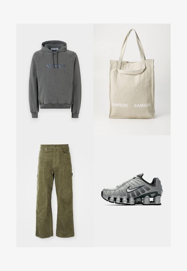 Grå hætte sweatshirt med en afslappet pasform. Har en hætte med snor, ribbede manchetter og et broderet logo i blå på forsiden.; Olivenfarvede kordfløjl bukser med for- og sidelommer, forstærkede knæpaneler samt knap- og lynlåslukning.; Grå og sort Nike løbesko med synlig fjederlignende dæmpning under sålen og et hvidt swoosh-logo på siden.; Canvas tote bag i lys beige med dobbelthåndtag, med "SAMSOE" logo i hvidt trykt på fronten. Rektangulær form med enkelt design.; Hvid perlekæde med jævnt store perler, der har en sølvlås med en dekorativ detalje. Glat tekstur og enkelt design.