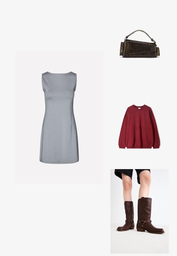Burgundy sweatshirt med en avslappnad passform, med rund halsringning och sänkta axlar, visad mot en enfärgad vit bakgrund.; Ärmlös klänning i ljusgrått tyg, med rund halsringning och en rak, A-linjekonstruktion, med en slät textur och minimalistisk design.; Bruna läderknähöga stövlar med rundad tå, strukturerad yta, ankelrem och detaljer i silver; klack med staplad design.; Brun läderhandväska med geometrisk design, med ett handtag på toppen och mässingsdragkedja. Logotyp präglad på sidan.