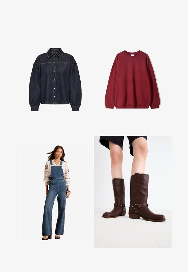 Burgundy sweatshirt with a relaxed fit, featuring a round neckline and dropped shoulders, displayed against a plain white background.; Dark blue denim shirt with puffed long sleeves, button front, and contrasting yellow stitching on chest and sleeve seams.; Denim overalls with a scalloped design at the bib, flared legs, and side pockets. Paired with a white embroidered blouse and wooden accessories.; Brown leather knee-high boots with a rounded toe, textured surface, ankle strap, and silver hardware detail; stacked heel.