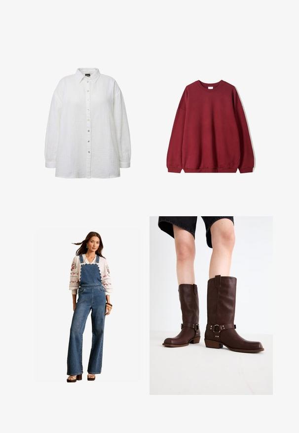 Felpa bordeaux con una vestibilità rilassata, caratterizzata da un collo rotondo e spalle scese, esposta su uno sfondo bianco semplice.; Camicia bianca con bottoni, realizzata in tessuto testurizzato, dotata di colletto classico, maniche lunghe e bottoni perlacei sulla parte anteriore.; Salopette in denim con un design scallopato sul bavaglino, gambe svasate e tasche laterali. Abbinata a una blusa bianca ricamata e accessori in legno.; Stivali marroni in pelle al ginocchio con punta rotonda, superficie testurizzata, cinturino alla caviglia e dettagli in metallo argentato; tacco impilato.