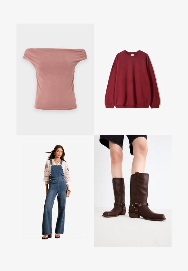 Burgundy-coloured huppari rentoa leikkauksen kanssa, jossa on pyöreä kaula-aukko ja roikkuvat olkapäät, esiteltynä yksinkertaista valkoista taustaa vasten.; Ruusunvärinen olkalta avattu paita, joka on valmistettu pehmeästä kankaasta. Siinä on rypytetyt hihat ja tiukka siluetti. Tasainen pinta ilman kuvioita tai varusteita.; Farkkutakin, jossa on aaltoileva muotoilu rintakappaleessa, levenevät lahkeet ja sivutaskut. Yhdistetty valkoiseen brodeeratun paitaan ja puisiin asusteisiin.; Marron nahka polven ylle ulottuvat saappaat, joissa on pyöreä kärki, teksturoitu pinta, nilkkahihna ja hopeiset yksityiskohdat; kasattu korko.