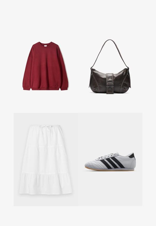 Bordeaux pulover s sproščenim krojem, s krožnim ovratnikom in spuštenimi rameni, prikazan na enobarvni beli podlagi.; Bela bombažna krila z elastičnim pasom, slojevitimi volančki in tekočim dizajnom. Gladka tekstura, dolžina do gležnjev.; Sive športne čevlje z gladko usnjeno površino, ki imajo tri črne črte, zaobljen nos in gumijast podplat v barvi gume.; Rjava usnjena torba za rame z ukrivljeno obliko, ki ima izrazit detajl s sponko, kontrastno šivanje in enojno naramnico.