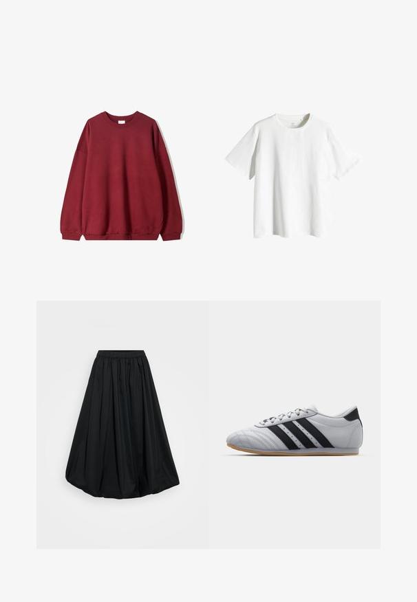 Bordová mikina s voľným strihom, s okrúhlym výstrihom a spustenými ramenami, vystavená na jednoduchom bielom pozadí.; Biele bavlnené tričko s okrúhlym výstrihom, krátkymi rukávmi a voľným strihom. Hladká textúra, bez vzorov alebo akcentov.; Čierna sukňa po členky vyrobená z ľahkej látky s elastickým pásom a zhromaždeným dizajnom, s hladkou textúrou a objemovým tvarom.; Šedé atletické topánky s hladkým koženým povrchom, s tromi čiernymi pruhmi, okrúhlou špičkou a gumovou podrážkou.