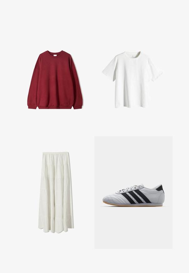 Burgunderfarbener Sweatshirt in lässigem Schnitt, mit Rundhalsausschnitt und gesenkten Schultern, vor einem schlichten weißen Hintergrund präsentiert.; Weißes Baumwoll-T-Shirt mit Rundhalsausschnitt, kurzen Ärmeln und lockerer Passform. Glatte Textur, keine Muster oder Akzente.; Weißer Maxirock mit einem gestuften Design, gekräuseltem elastischem Bund, glatter Textur und fließender Silhouette.; Graue Sportschuhe mit einer glatten Lederoberfläche, ausgestattet mit drei schwarzen Streifen, einer abgerundeten Zehenpartie und einer Sohle aus Gummi.