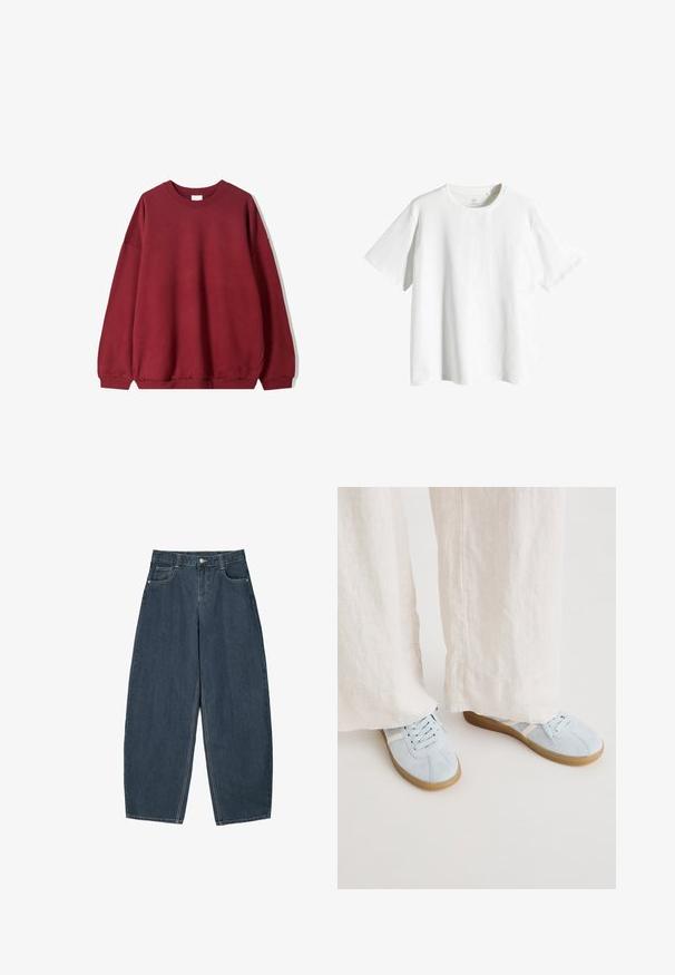 Burgundská mikina s volným střihem, s kulatým výstřihem a spadlými rameny, vystavená na jednoduchém bílém pozadí.; Bílý bavlněný tričko s kulatým výstřihem, krátkými rukávy a volným střihem. Hladká textura, žádné vzory nebo akcenty.; Tmavě modré džíny s širokými nohavicemi a vysokým pasem, s pěti kapsami a viditelnými švy. Čistý, minimalistický design.; Světle modré semišové tenisky s bílými akcenty, kulatou špičkou a plochou gumovou podrážkou, doplněné krémovými širokými lněnými kalhotami.