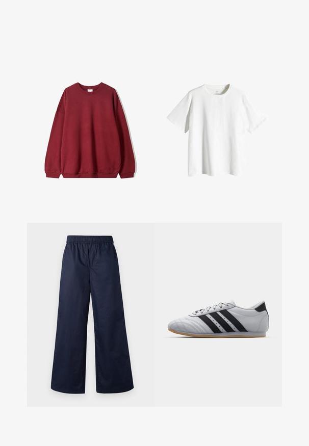 Burgundská mikina s volným střihem, s kulatým výstřihem a spadlými rameny, vystavená na jednoduchém bílém pozadí.; Bílý bavlněný tričko s kulatým výstřihem, krátkými rukávy a volným střihem. Hladká textura, žádné vzory nebo akcenty.; Široké kalhoty v tmavě modré barvě, s elastickým pasem, hladkou texturou a bez viditelných zapínání nebo kapes.; Šedé sportovní boty s hladkým koženým povrchem, se třemi černými pruhy, zaoblenou špičkou a gumovou podrážkou.