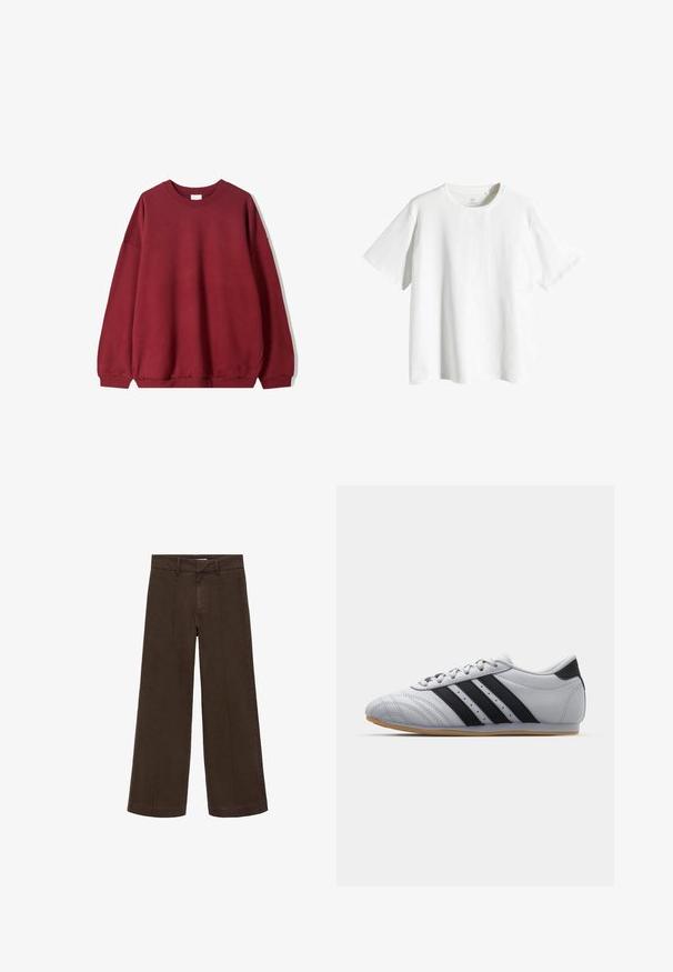Bordeaux pulover s sproščenim krojem, s krožnim ovratnikom in spuštenimi rameni, prikazan na enobarvni beli podlagi.; Bela bombažna majica z okroglim izrezom, kratkimi rokavi in sproščenim krojem. Gladka tekstura, brez vzorcev ali dodatkov.; Rjave široke hlače iz bombažnega blaga. Imajo visok pas, zadrgo in subtilne sprednje šive. Brez vidnih žepov.; Sive športne čevlje z gladko usnjeno površino, ki imajo tri črne črte, zaobljen nos in gumijast podplat v barvi gume.