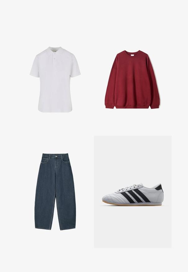 Bordová mikina s voľným strihom, s okrúhlym výstrihom a spustenými ramenami, vystavená na jednoduchom bielom pozadí.; Biela polokošeľa s krátkym rukávom vyrobená z bavlny. Obsahuje golier, zapínanie na tri gombíky a posilnené švy. Hladká textura.; Tmavomodré denimové nohavice širokého strihu s vysokým pásom, obsahujúce päť vreciek a viditeľné švy. Čistý, minimalistický dizajn.; Šedé atletické topánky s hladkým koženým povrchom, s tromi čiernymi pruhmi, okrúhlou špičkou a gumovou podrážkou.